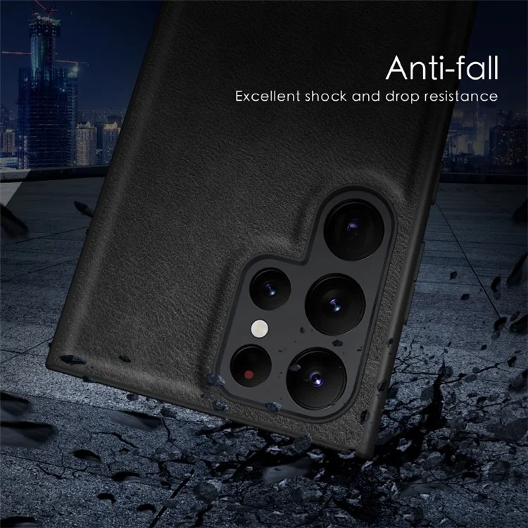 For Samsung Galaxy S23 Ultra Solid Color PU Leather Vintage Phone Case Soft TPU Hard PC Hybrid Protective Cover - Black