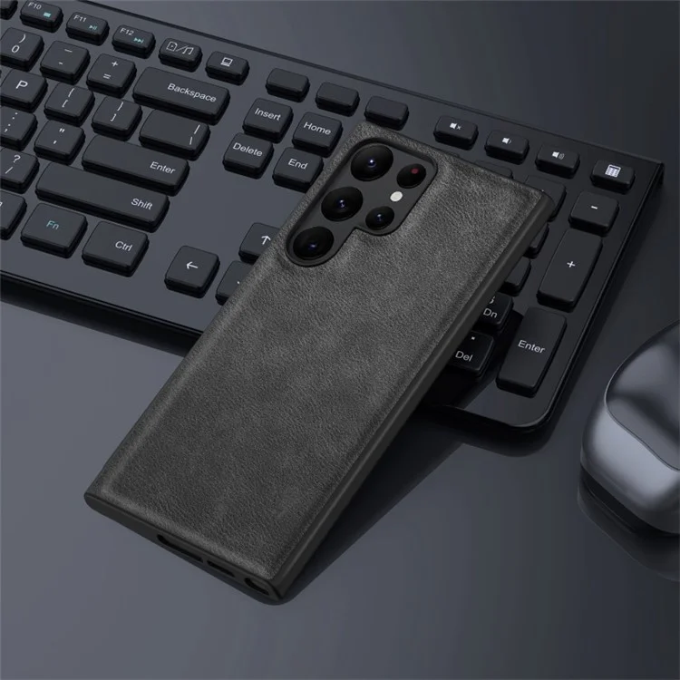 For Samsung Galaxy S23 Ultra Solid Color PU Leather Vintage Phone Case Soft TPU Hard PC Hybrid Protective Cover - Black