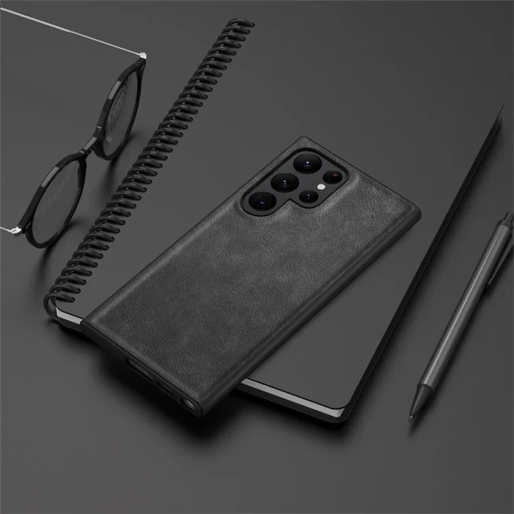 For Samsung Galaxy S23 Ultra Solid Color PU Leather Vintage Phone Case Soft TPU Hard PC Hybrid Protective Cover - Black