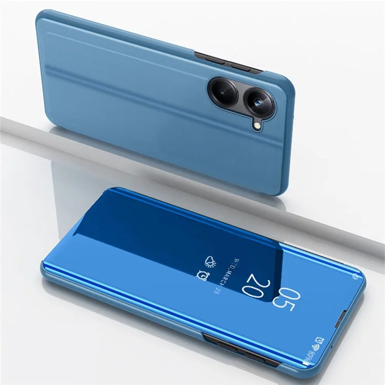 Pour Realme 10 4G View Window PU Leather Case Hands-free Stand Mirror Electroplating Phone Cover Protector - Bleu ciel