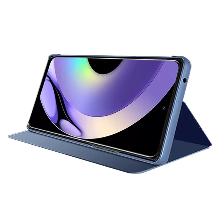 Pour Realme 10 4G View Window PU Leather Case Hands-free Stand Mirror Electroplating Phone Cover Protector - Bleu ciel