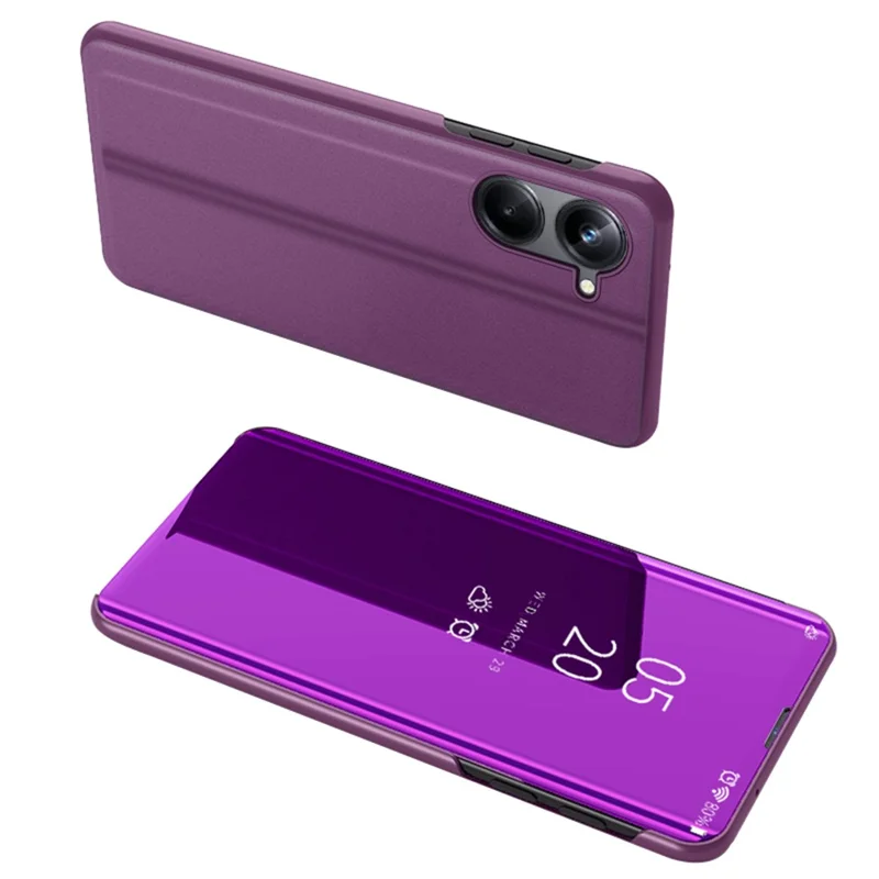 For Realme 10 4G View Window PU Leather Case Hands-free Stand Mirror Electroplating Phone Cover Protector - Purple