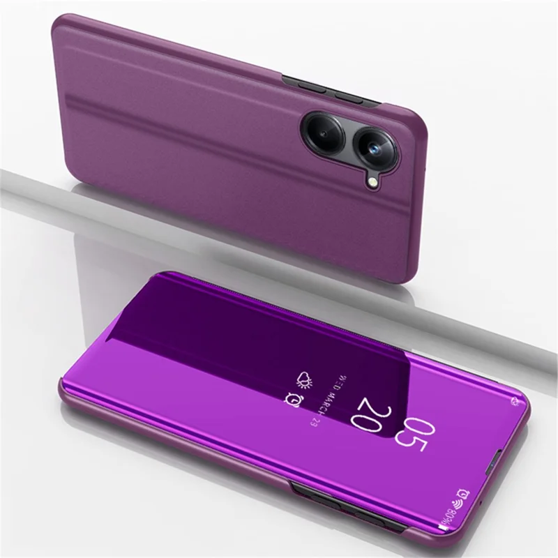 For Realme 10 4G View Window PU Leather Case Hands-free Stand Mirror Electroplating Phone Cover Protector - Purple
