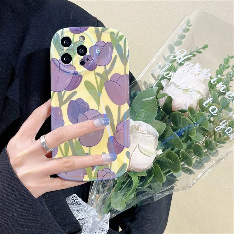 Para Iphone 13 Pro Max 6.7 Pulgadas Anti-fading Anti-fading Case de Teléfono Móvil Shell Blu-ray IMD Purple Patrón de Tulip