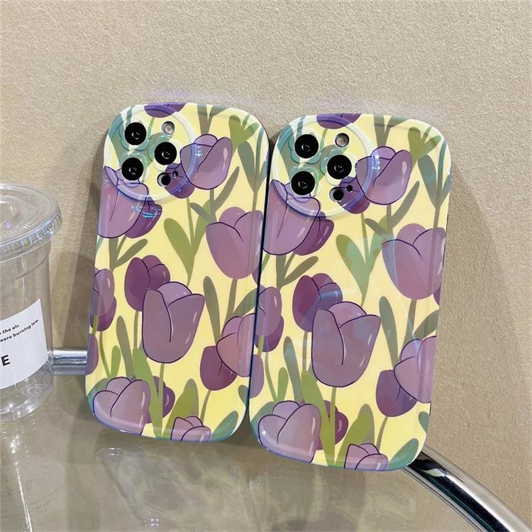 Para Iphone 13 Pro Max 6.7 Pulgadas Anti-fading Anti-fading Case de Teléfono Móvil Shell Blu-ray IMD Purple Patrón de Tulip