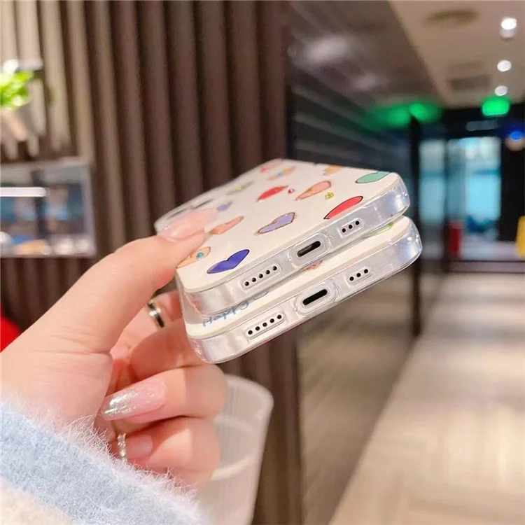 For iPhone 13 6.1 inch Rhinestone Decor Blu-ray IMD Love Heart Pattern Back Cover Anti-drop Soft TPU Case - Happy Heart
