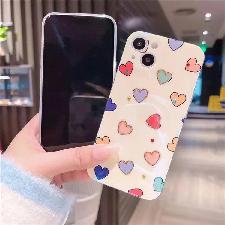 For iPhone 13 6.1 inch Rhinestone Decor Blu-ray IMD Love Heart Pattern Back Cover Anti-drop Soft TPU Case - Happy Heart