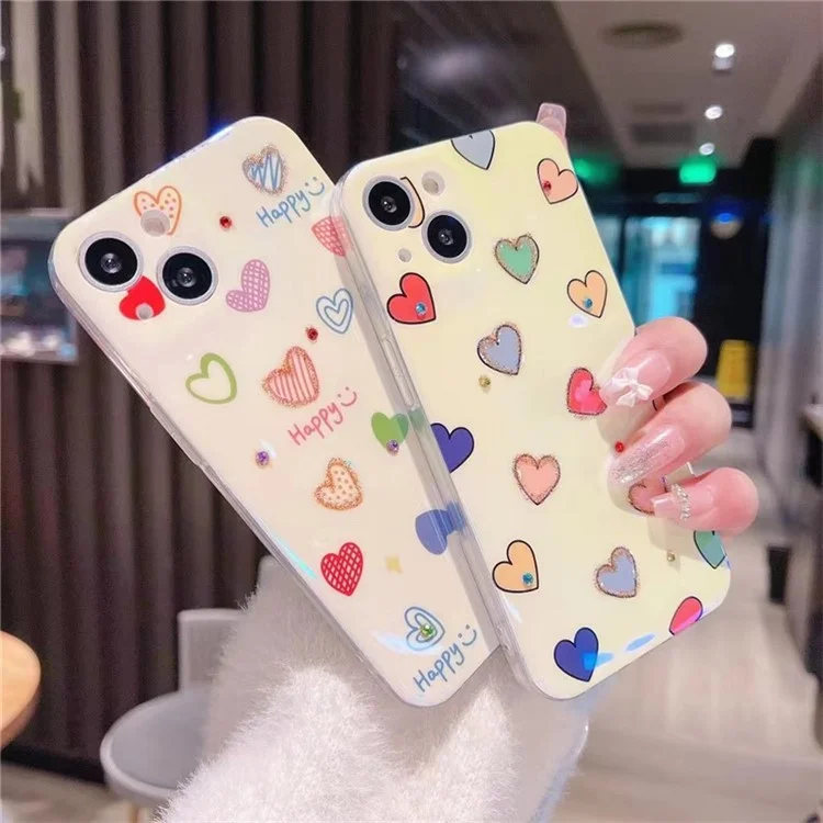 For iPhone 13 6.1 inch Rhinestone Decor Blu-ray IMD Love Heart Pattern Back Cover Anti-drop Soft TPU Case - Happy Heart