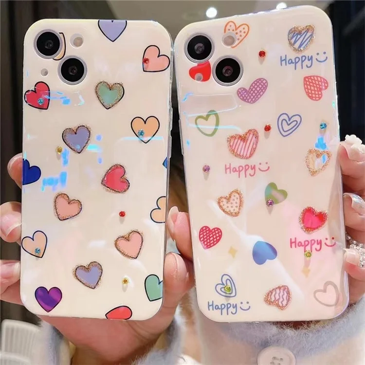 For iPhone 13 6.1 inch Rhinestone Decor Blu-ray IMD Love Heart Pattern Back Cover Anti-drop Soft TPU Case - Happy Heart