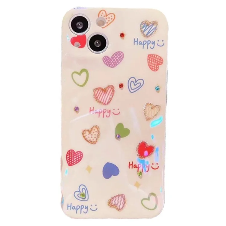 For iPhone 14 Plus Rhinestone Decor Blu-ray IMD Love Heart Pattern Back Cover Soft TPU Case - Happy Heart
