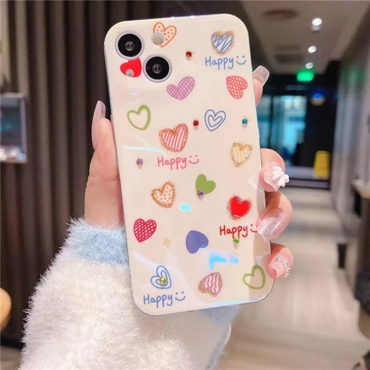 For iPhone 14 Plus Rhinestone Decor Blu-ray IMD Love Heart Pattern Back Cover Soft TPU Case - Happy Heart