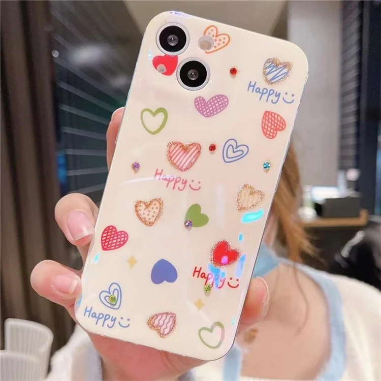 For iPhone 14 Plus Rhinestone Decor Blu-ray IMD Love Heart Pattern Back Cover Soft TPU Case - Happy Heart
