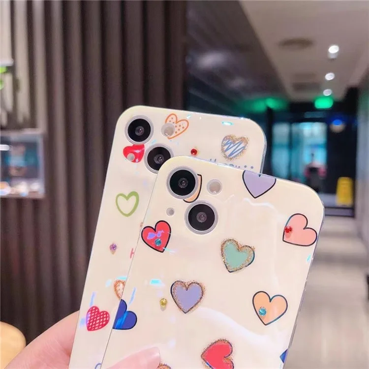 For iPhone 14 Plus Rhinestone Decor Blu-ray IMD Love Heart Pattern Back Cover Soft TPU Case - Happy Heart