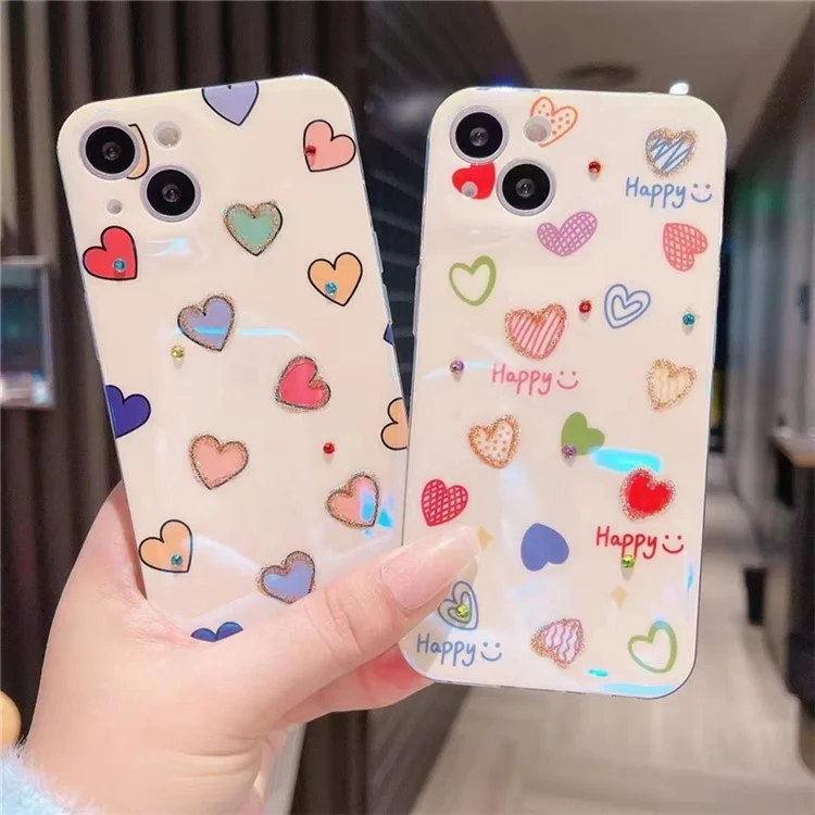 For iPhone 14 Plus Rhinestone Decor Blu-ray IMD Love Heart Pattern Back Cover Soft TPU Case - Happy Heart