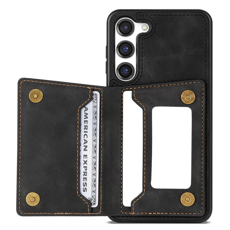 For Samsung Galaxy S23+ Zipper Pocket PU Leather Coated TPU Case Kickstand Wallet Phone Cover - Black