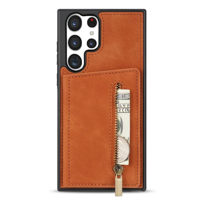 Pour Samsung Galaxy S23 Ultra Zipper Pocket Pocket Wallet Téléphone PU le Cuir Enduit TPU TPU Couverture Arrière - Brun