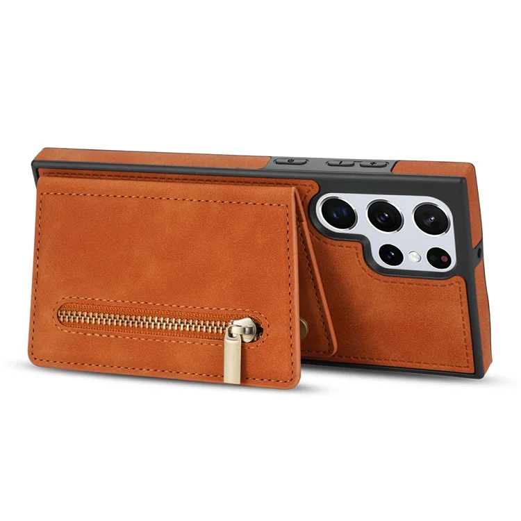 Pour Samsung Galaxy S23 Ultra Zipper Pocket Pocket Wallet Téléphone PU le Cuir Enduit TPU TPU Couverture Arrière - Brun