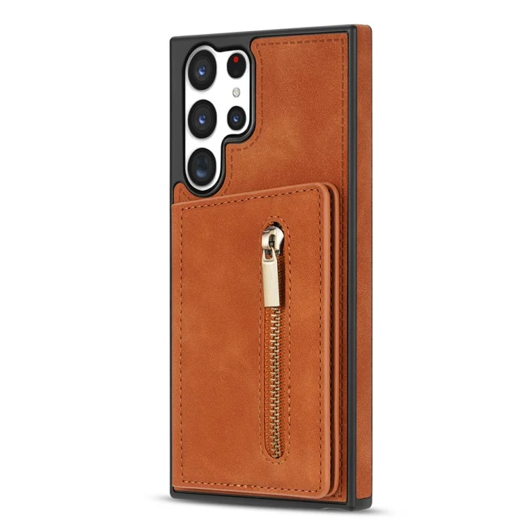 Pour Samsung Galaxy S23 Ultra Zipper Pocket Pocket Wallet Téléphone PU le Cuir Enduit TPU TPU Couverture Arrière - Brun