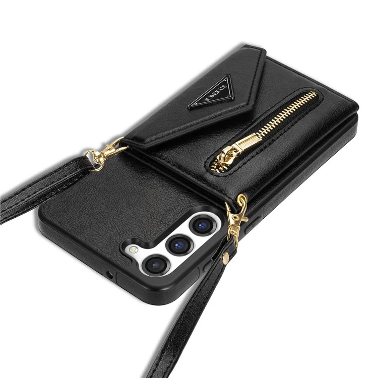 N.BEKUS pour Samsung Galaxy S23 Kickstand PU Leather Coated TPU Cover Zippered Pocket Wallet Anti-drop Phone Case with Shoulder Strap - Noir