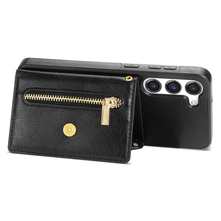 N.BEKUS pour Samsung Galaxy S23 Kickstand PU Leather Coated TPU Cover Zippered Pocket Wallet Anti-drop Phone Case with Shoulder Strap - Noir