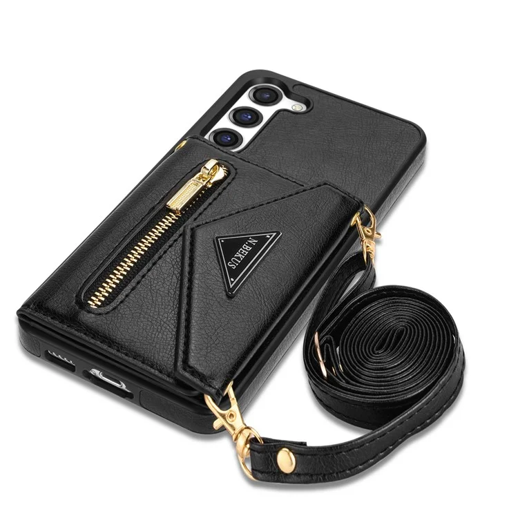 N.BEKUS pour Samsung Galaxy S23 Kickstand PU Leather Coated TPU Cover Zippered Pocket Wallet Anti-drop Phone Case with Shoulder Strap - Noir