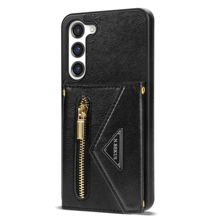 N.BEKUS pour Samsung Galaxy S23 Kickstand PU Leather Coated TPU Cover Zippered Pocket Wallet Anti-drop Phone Case with Shoulder Strap - Noir