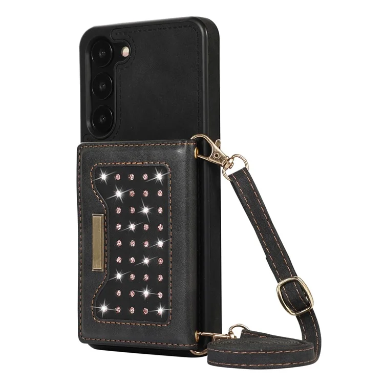 For Samsung Galaxy S23 RFID Blocking Protective Phone Case PU Leather + TPU Rhinestone Decor Phone Cover with Lanyard - Black
