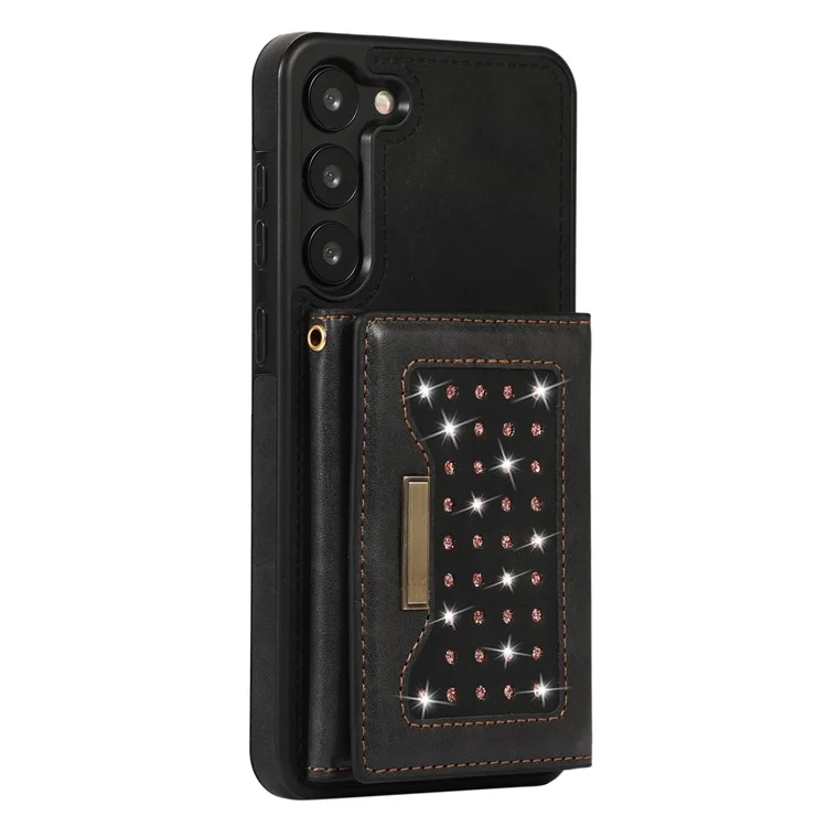 For Samsung Galaxy S23 RFID Blocking Protective Phone Case PU Leather + TPU Rhinestone Decor Phone Cover with Lanyard - Black