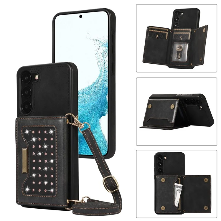 For Samsung Galaxy S23 RFID Blocking Protective Phone Case PU Leather + TPU Rhinestone Decor Phone Cover with Lanyard - Black