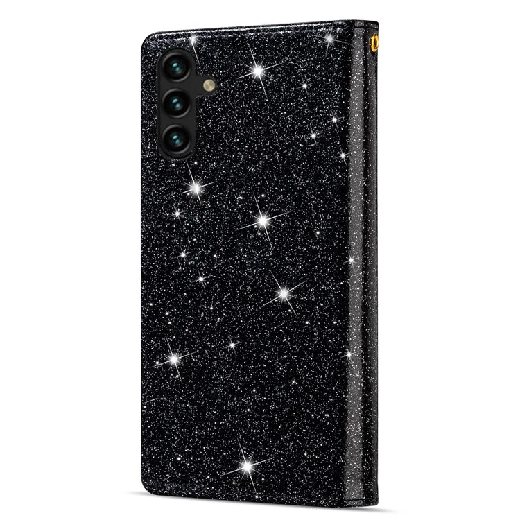 Para Samsung Galaxy A13 5G Case de Teléfono a Prueba de Gota Soporte de Billetera PU Cuero Flip Tallado Cubierta de Teléfono Celular de Estilo Estrellado Brillante Con Correa - Negro