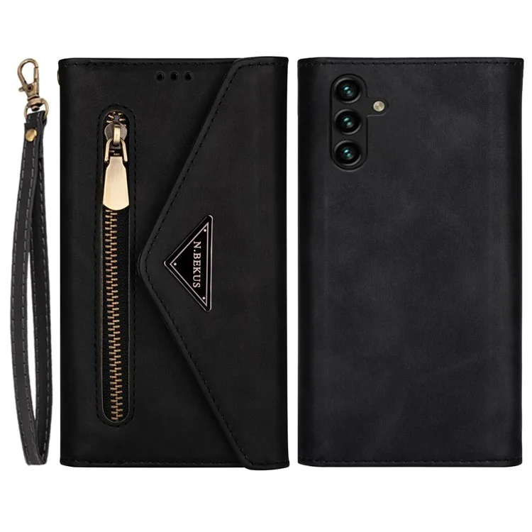 For Samsung Galaxy A54 5G Zipper Pocket Skin-touch Feeling Flip Leather Wallet Case Stand Shockproof Phone Cover with Short + Long Strap - Black