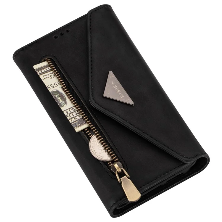 For Samsung Galaxy A54 5G Zipper Pocket Skin-touch Feeling Flip Leather Wallet Case Stand Shockproof Phone Cover with Short + Long Strap - Black