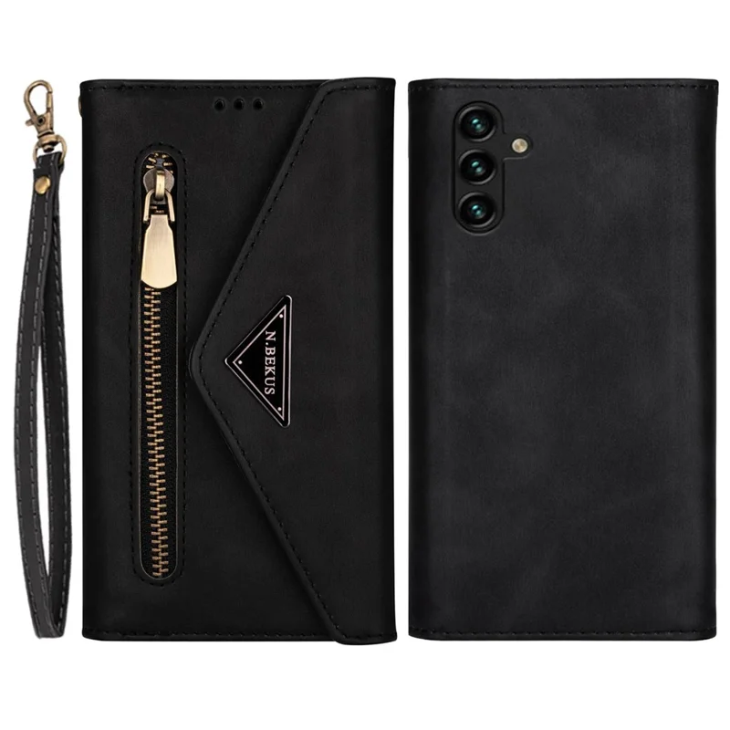 Cell Phone Case For Samsung Galaxy A34 5G Skin-touch Feeling Zipper Pocket Wallet Stand Full Protection PU Leather Phone Cover with Short + Long Strap - Black