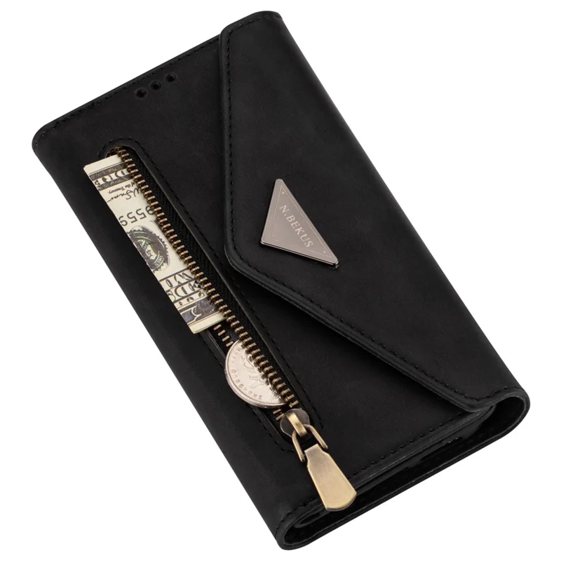 Cell Phone Case For Samsung Galaxy A34 5G Skin-touch Feeling Zipper Pocket Wallet Stand Full Protection PU Leather Phone Cover with Short + Long Strap - Black