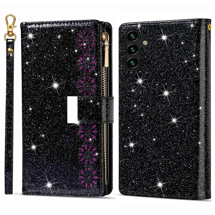 Pour Samsung Galaxy A34 5G Laser Slecture Laser Glittery Starry Style pu Leather Case de Téléphone à Glissière Portefeuille Anti-scratch Flip Phone Cover Avec Sangle - Noir
