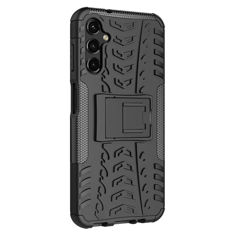 Capa do Suporte do Telefone Kickstand para Samsung Galaxy A14 5G / A14 4G, Padrão de Pneu Legal, Capa Híbrida de 2 em 1 PC+TPU à Prova de Choque - Preta