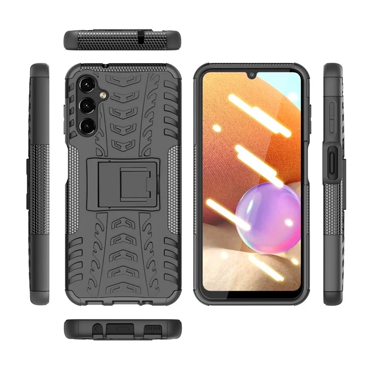 Capa do Suporte do Telefone Kickstand para Samsung Galaxy A14 5G / A14 4G, Padrão de Pneu Legal, Capa Híbrida de 2 em 1 PC+TPU à Prova de Choque - Preta