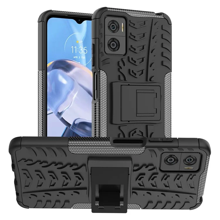 For Motorola Moto E22 4G / E22i 4G Tyre Pattern Kickstand Shock Absorbing Case PC+TPU Rugged Hybrid Phone Cover - Black