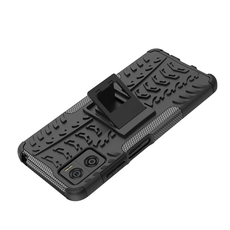 For Motorola Moto E22 4G / E22i 4G Tyre Pattern Kickstand Shock Absorbing Case PC+TPU Rugged Hybrid Phone Cover - Black