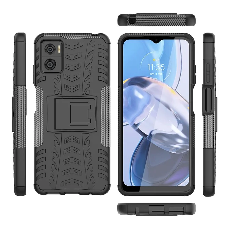 For Motorola Moto E22 4G / E22i 4G Tyre Pattern Kickstand Shock Absorbing Case PC+TPU Rugged Hybrid Phone Cover - Black