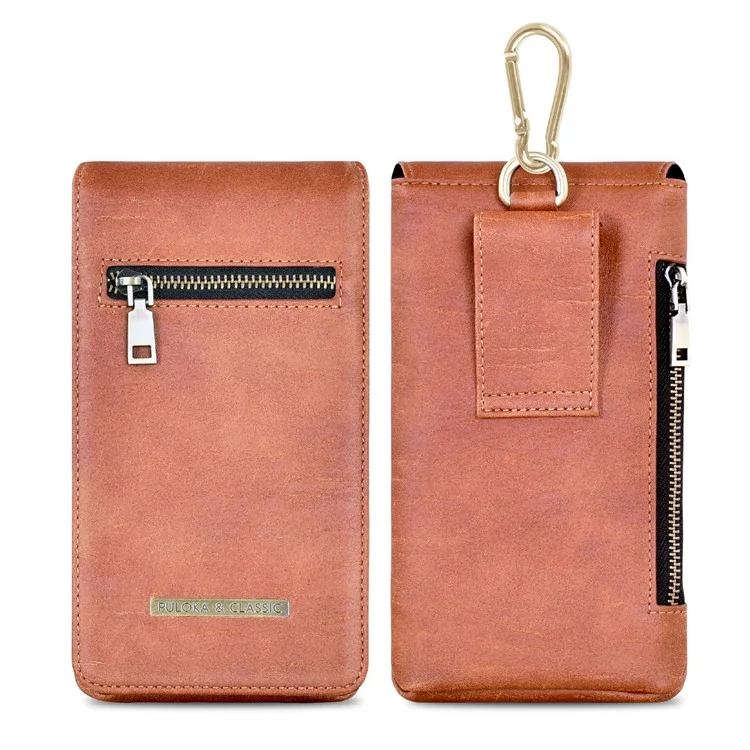 PULOKA PU Leather Waist Bag Vertical Style Zipper Pockets Belt Loop Phone Case Pouch - Brown