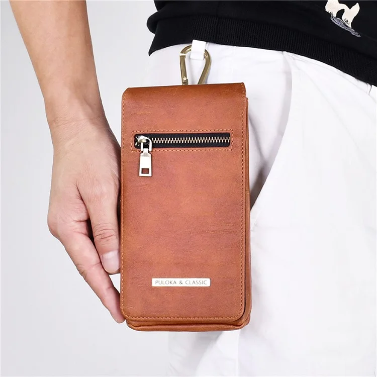 PULOKA PU Leather Waist Bag Vertical Style Zipper Pockets Belt Loop Phone Case Pouch - Brown