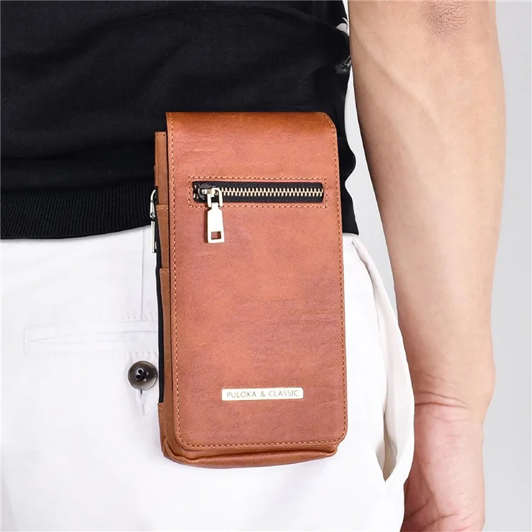 PULOKA PU Leather Waist Bag Vertical Style Zipper Pockets Belt Loop Phone Case Pouch - Brown