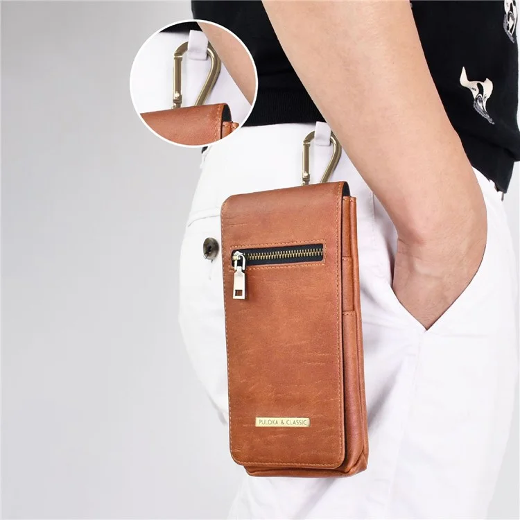 PULOKA PU Leather Waist Bag Vertical Style Zipper Pockets Belt Loop Phone Case Pouch - Brown