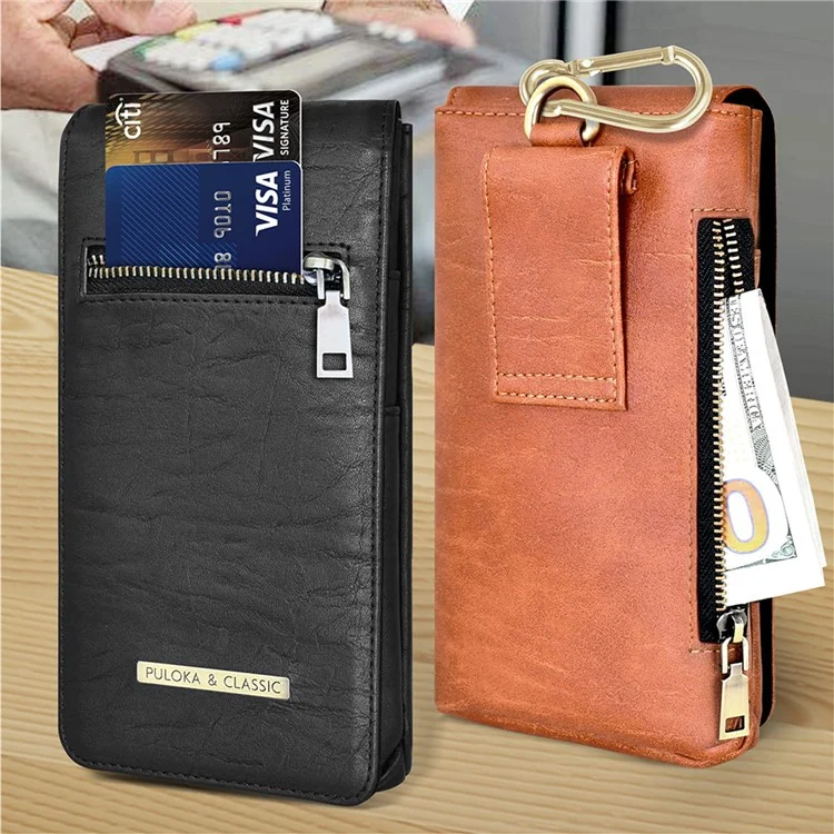 PULOKA PU Leather Waist Bag Vertical Style Zipper Pockets Belt Loop Phone Case Pouch - Brown