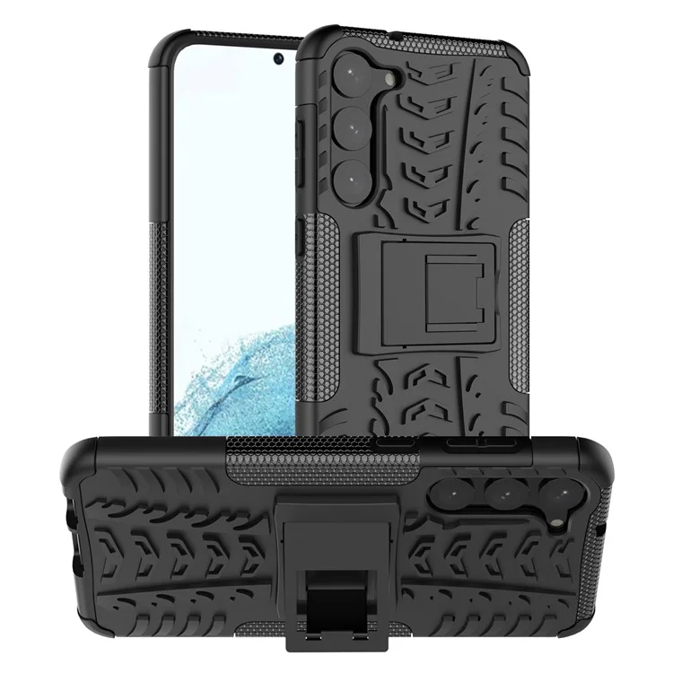 Anti-scratch Phone Case for Samsung Galaxy S23+, Hard PC+TPU Tires Style Cool Rugged Kickstand Phone Cover - Black