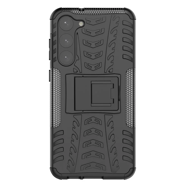 Anti-scratch Phone Case for Samsung Galaxy S23+, Hard PC+TPU Tires Style Cool Rugged Kickstand Phone Cover - Black