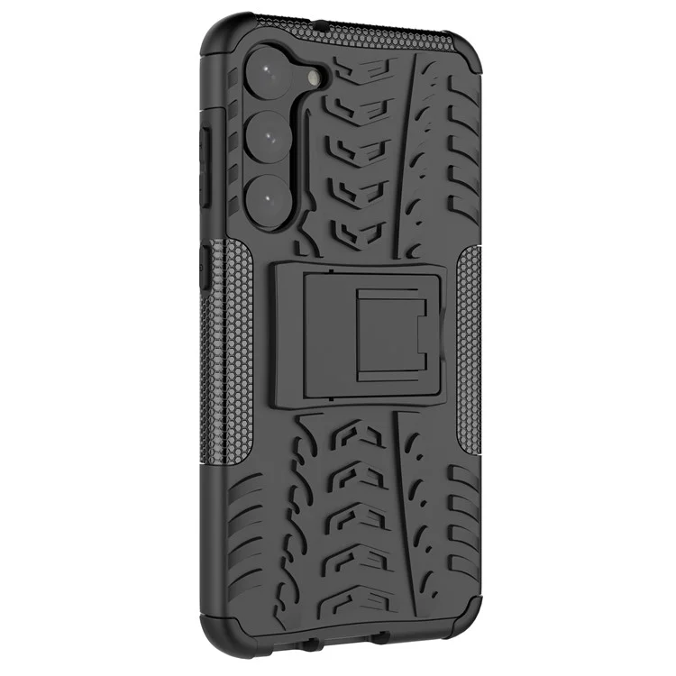 Anti-scratch Phone Case for Samsung Galaxy S23+, Hard PC+TPU Tires Style Cool Rugged Kickstand Phone Cover - Black