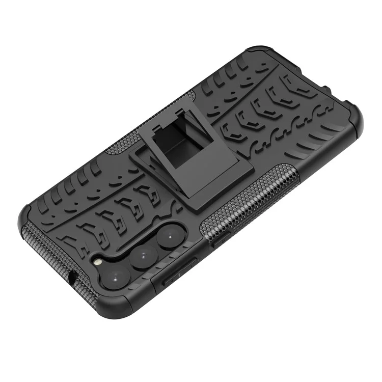 Anti-scratch Phone Case for Samsung Galaxy S23+, Hard PC+TPU Tires Style Cool Rugged Kickstand Phone Cover - Black