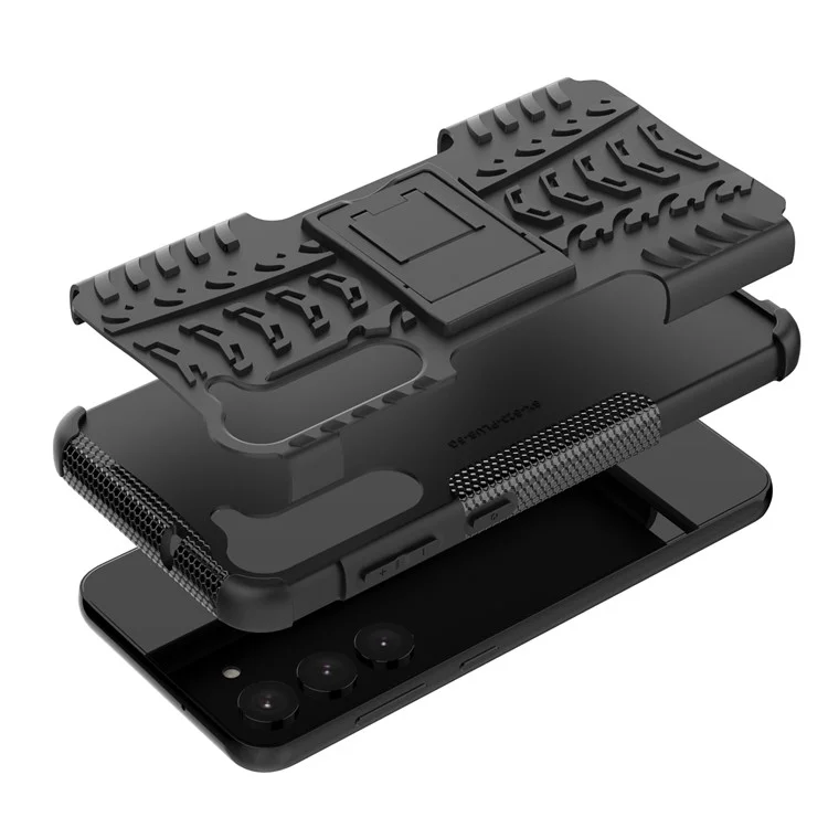 Anti-scratch Phone Case for Samsung Galaxy S23+, Hard PC+TPU Tires Style Cool Rugged Kickstand Phone Cover - Black